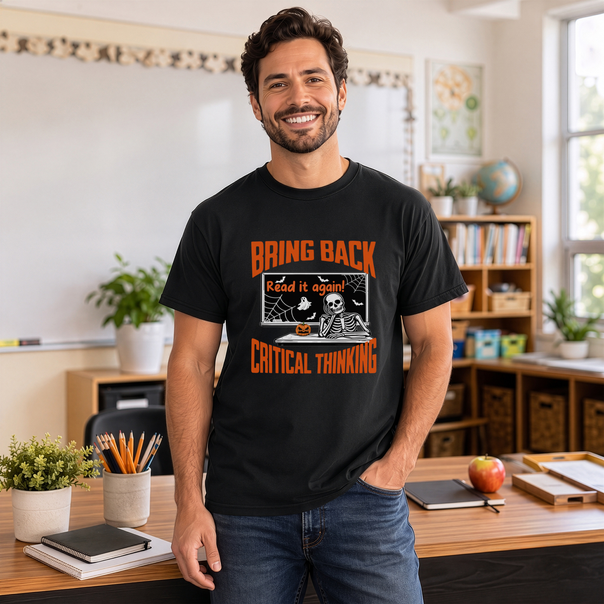 Halloween T-Shirt for Teachers | Bring Back Critical Thinking  Funny Skeleton Tee