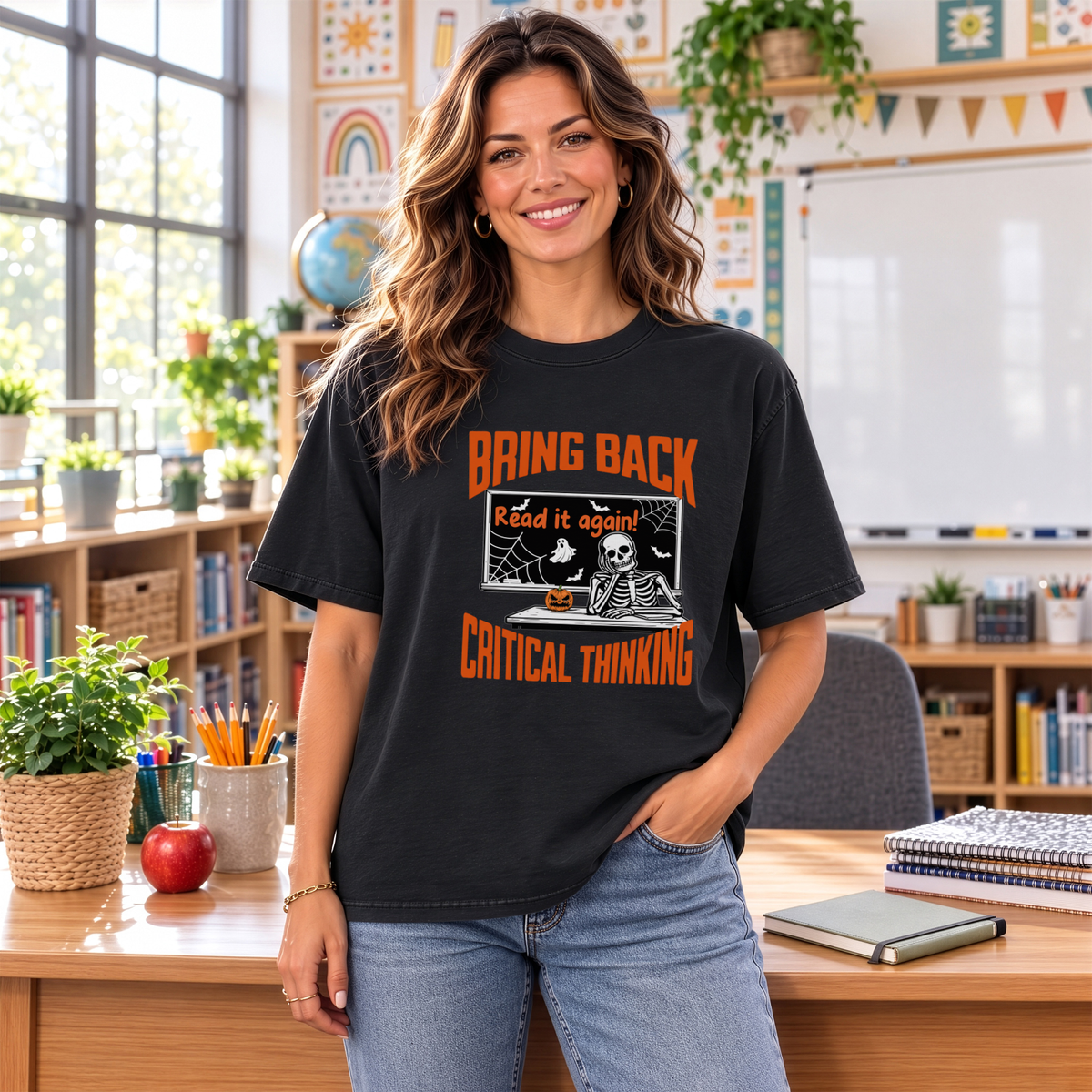 Halloween T-Shirt for Teachers | Bring Back Critical Thinking  Funny Skeleton Tee