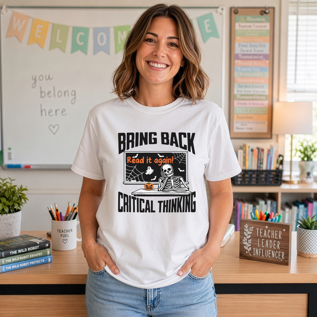 Halloween T-Shirt for Teachers | Bring Back Critical Thinking  Funny Skeleton Tee