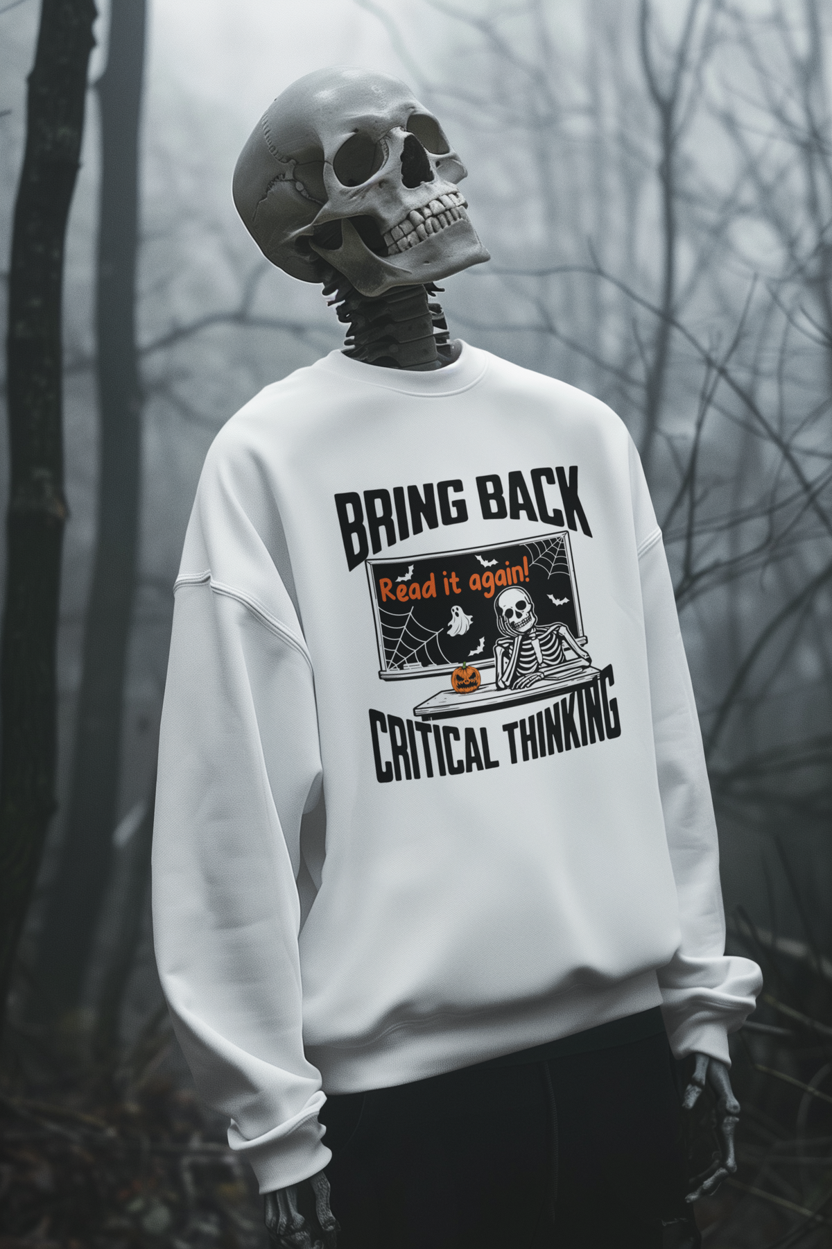 Spooky Season Bring Back Critical Thinking Teacher Sweatshirt | Funny Skeleton Classroom Crewneck