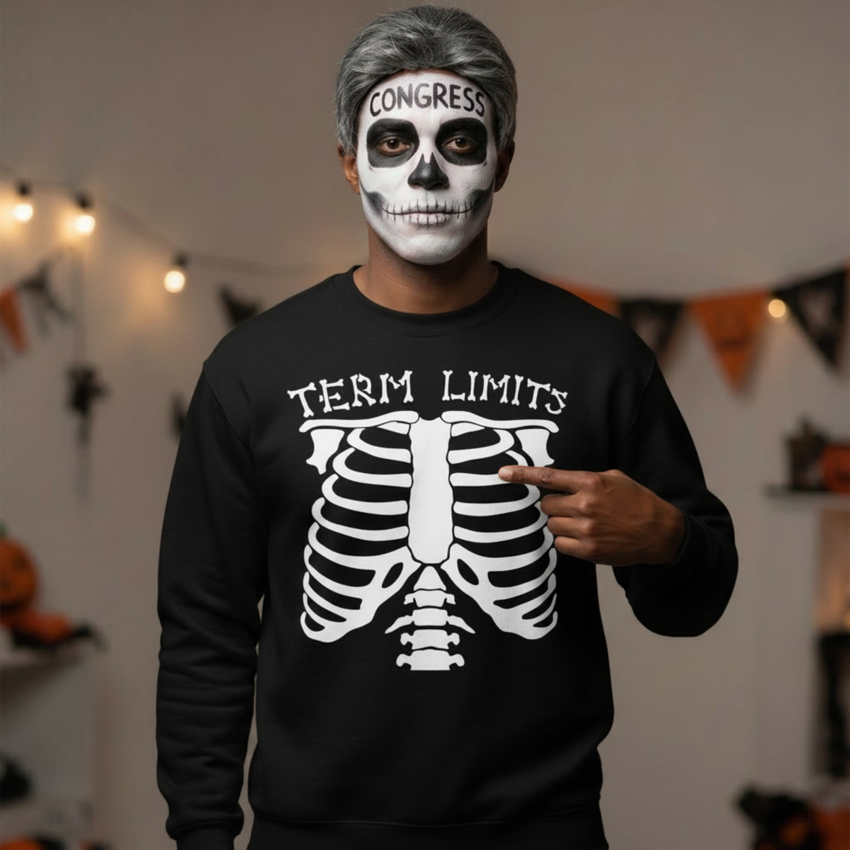Term Limits Skeleton Sweatshirt - Funny Halloween Political Satire Crewneck  Product Description